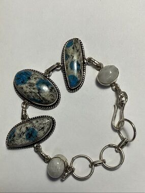 925 Silver Bracelet Blue-Accent K2 Jasper Milky Quartz Gemstones
